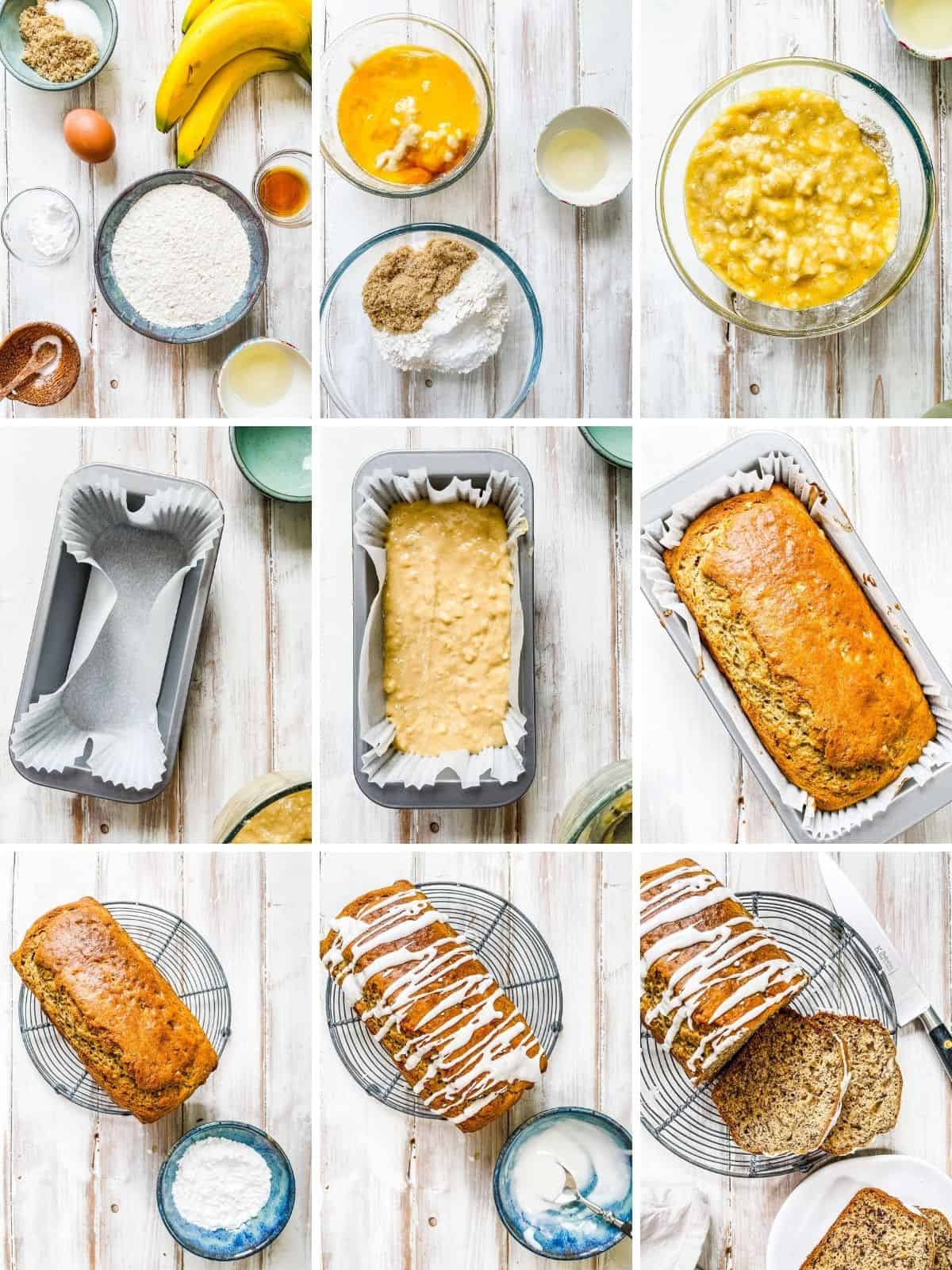 9 photos showing the process of making banana bread.