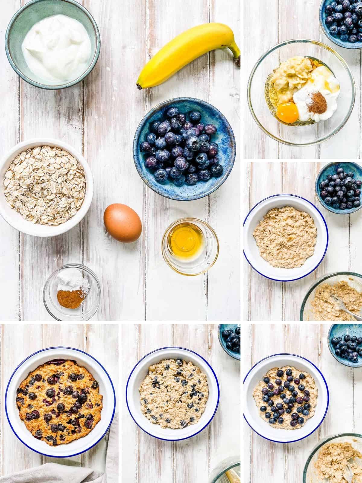 Photos showing how to make low calorie baked oatmeal.
