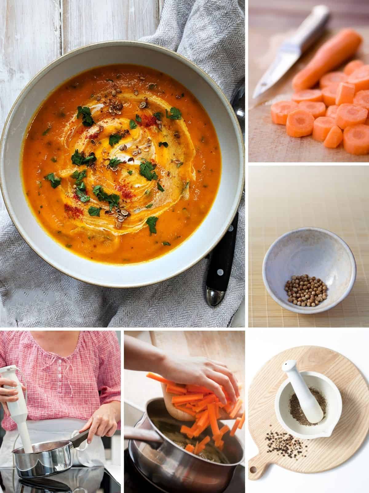 A collage of pictures showing the process of making carrot soup.