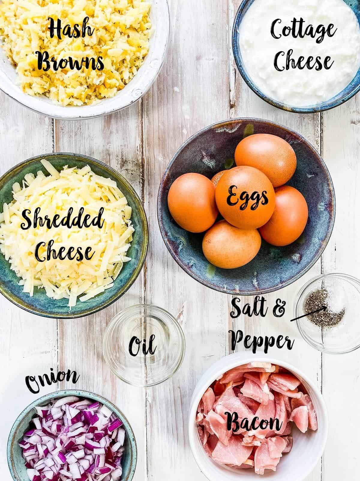 Ingredients with labels needed to make a breakfast casserole.