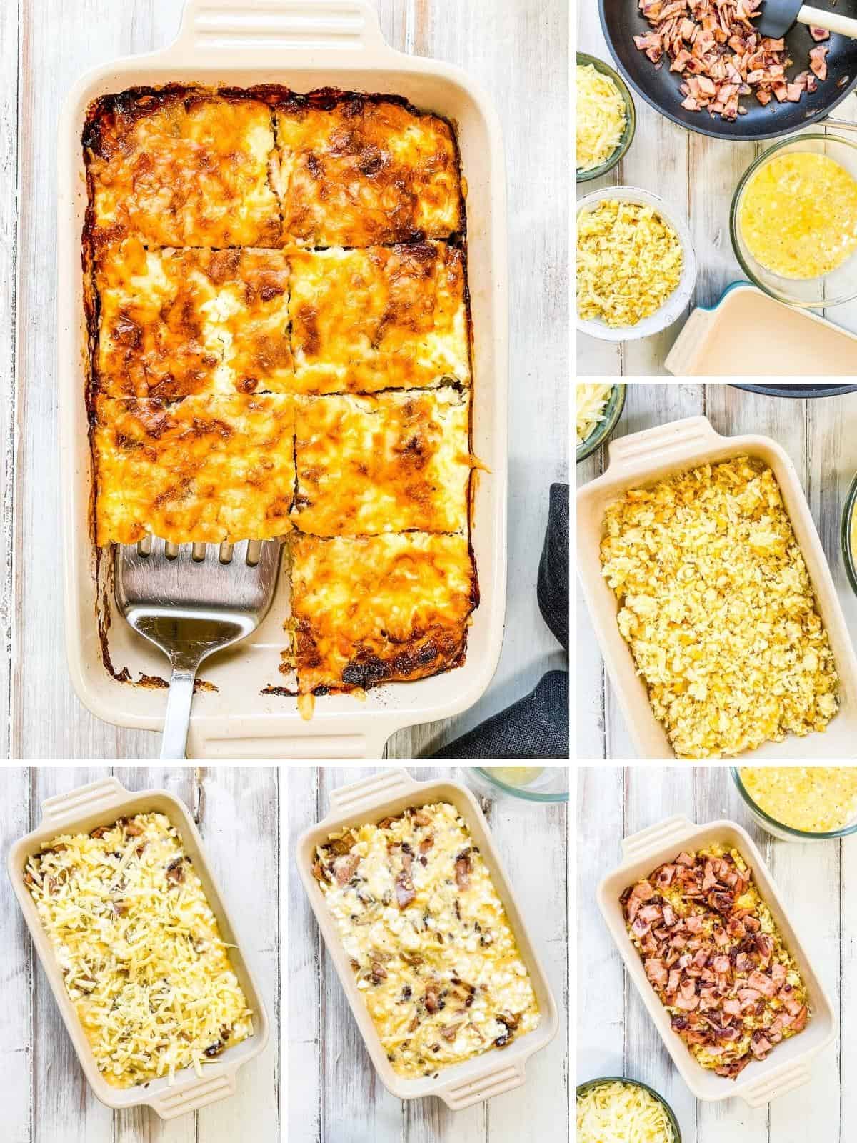 Six photos showing the process of making a breakfast casserole.