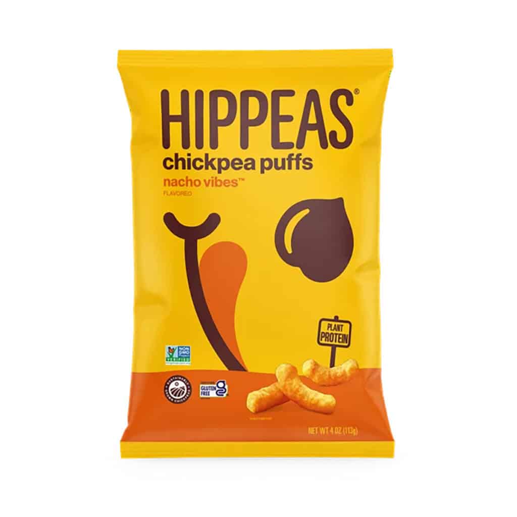 A bright yellow pack of Hippeas Chickpea Puffs.