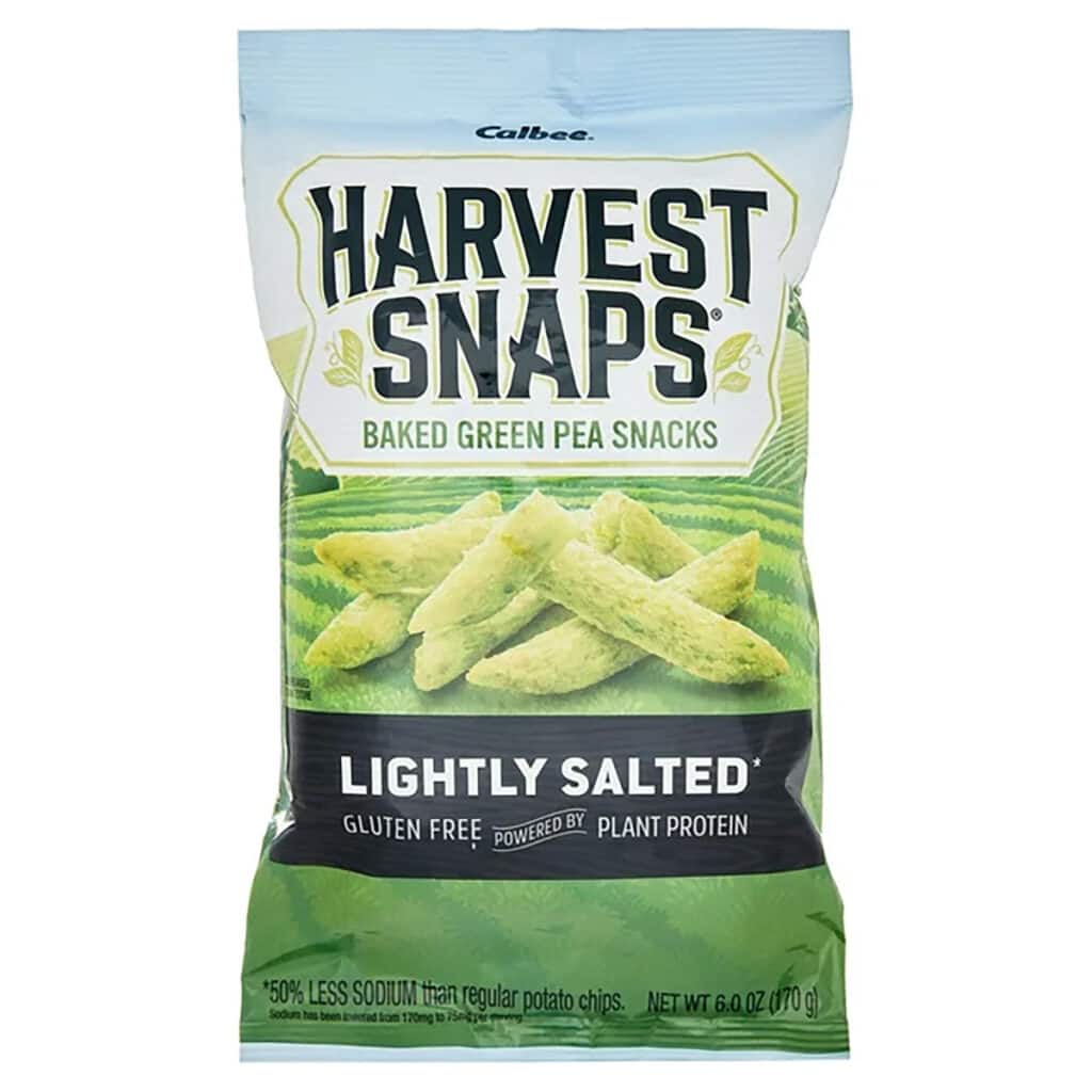 A pack of Harvest Snaps lightly salted green pea chips. 