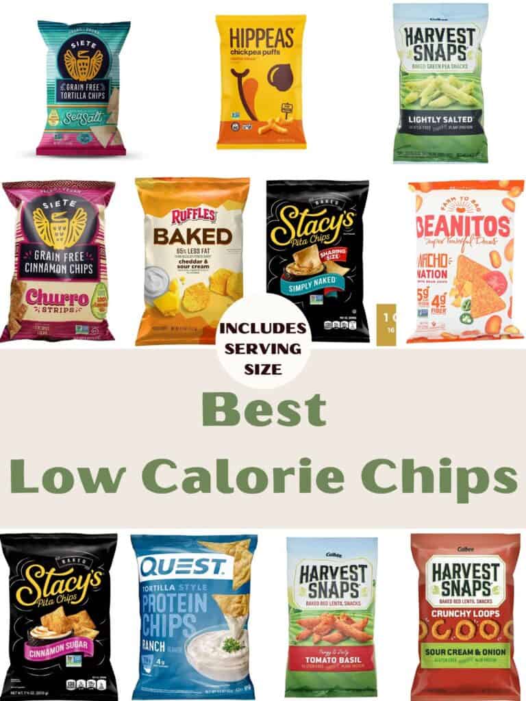 A collage of photos of packets of chips with a text overlay stating Best Low Calorie Chips includes serving size.