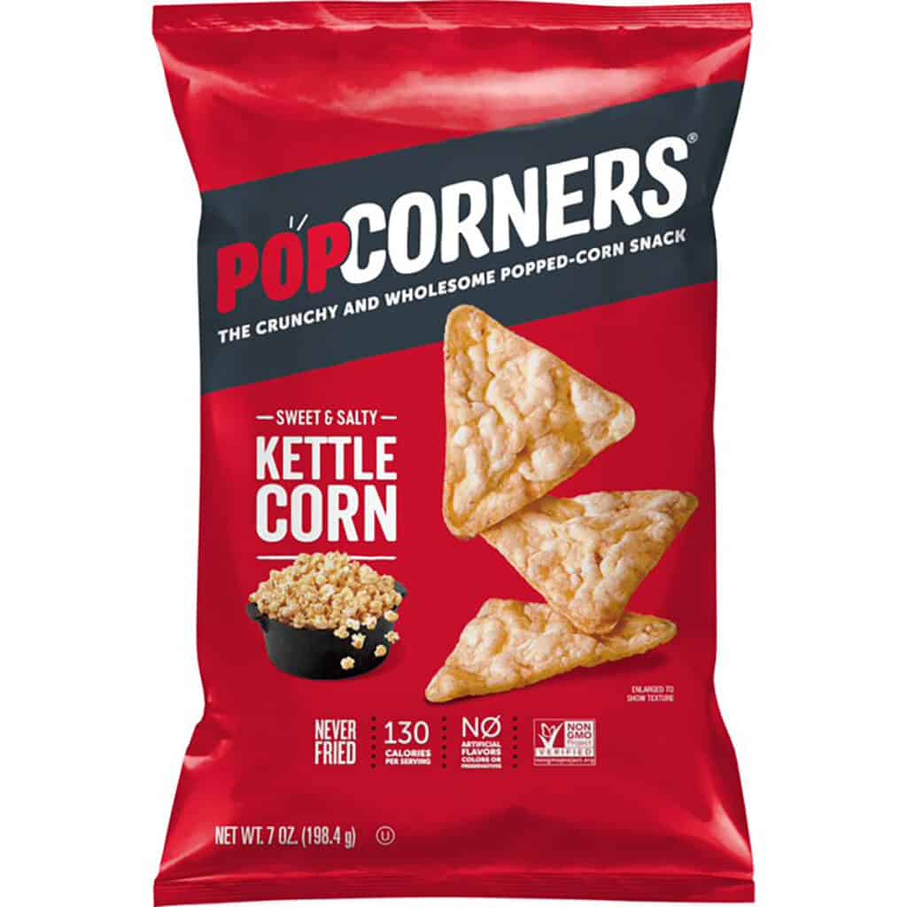 A red pack of Pop Corners Kettle corn chips. 