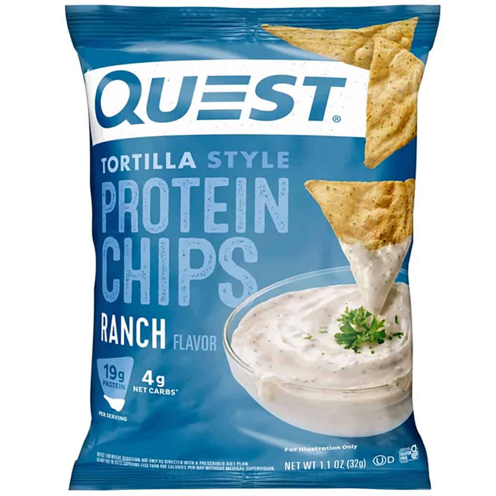 A blue pack of Quest Tortilla Style Protein Chips in Ranch flavor. 