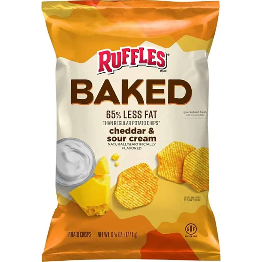 A yellow package of Ruffles Baked chips. 