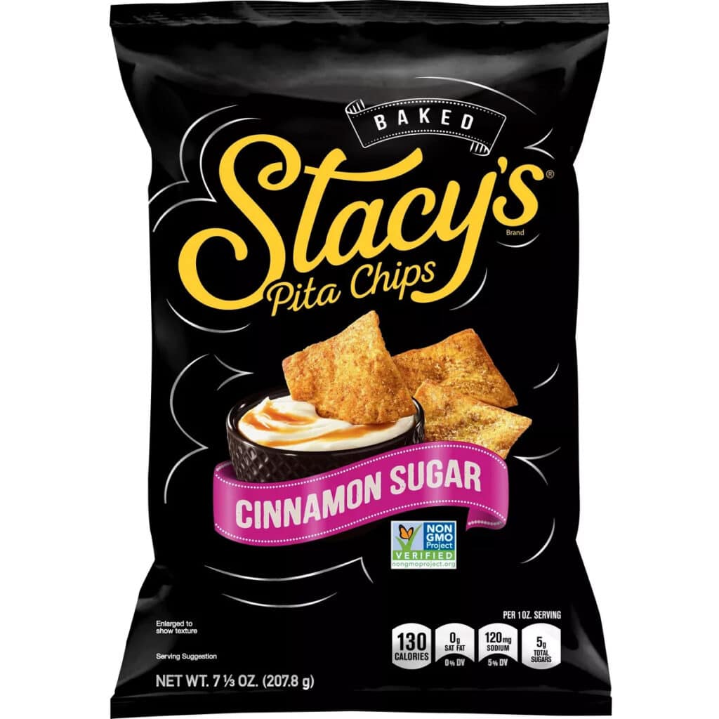 A black package of Staceys Pita Chips flavored with cinnamon sugar. 