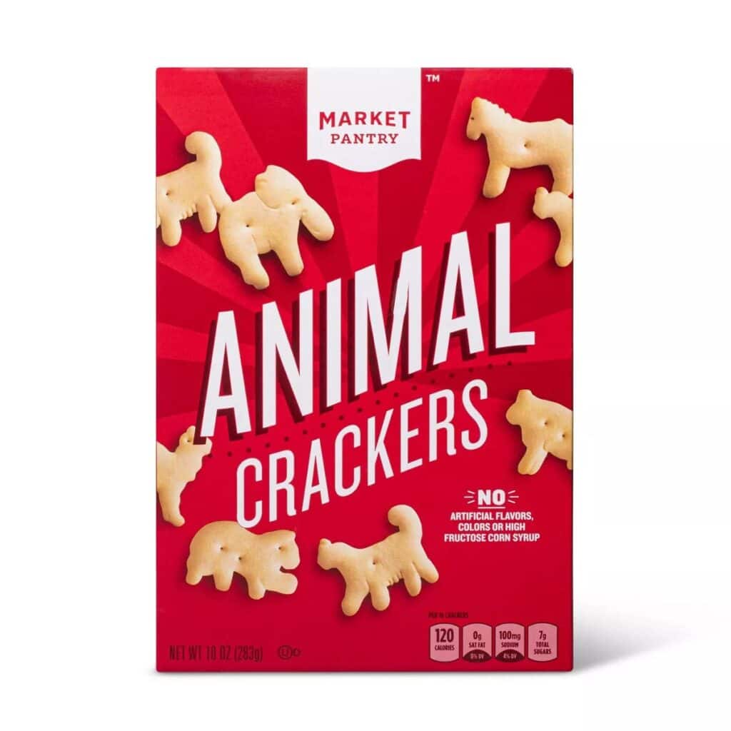 A product shot of a box of Market Pantry Animal Crackers.