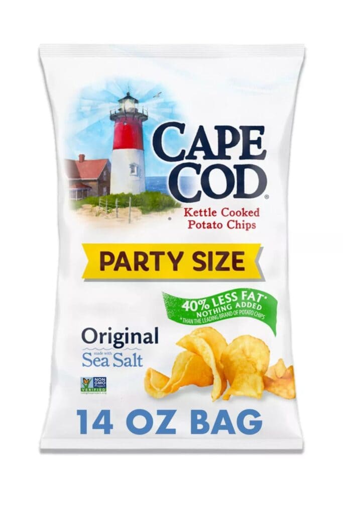 A packet of Cape Cod Kettle Cooked Chips 40% less fat, set on a white background.