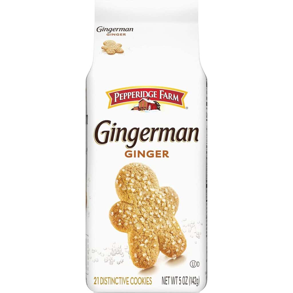 A product shot of a packet of Pepperidge farm gingerman ginger cookies.