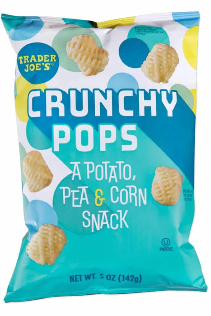 A bag og Trader Joe's Crunchy Pops chips set on a white background.