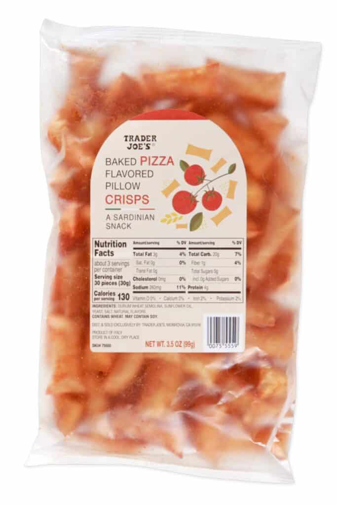 A bag of Trader Joe's Baked Pizza flavored pillow crisps on a white background.