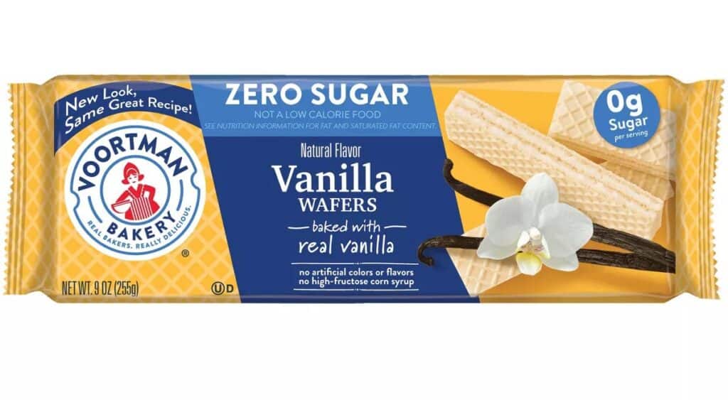 A product shot of a pack of Voortman Sugar Free Vanilla Wafers.