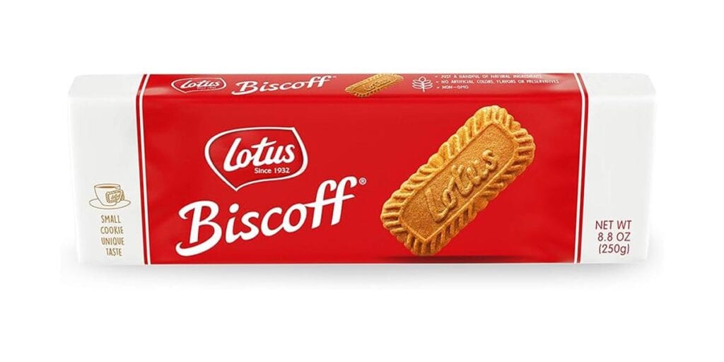 A product shot of a pack of Lotus Biscoff cookies.