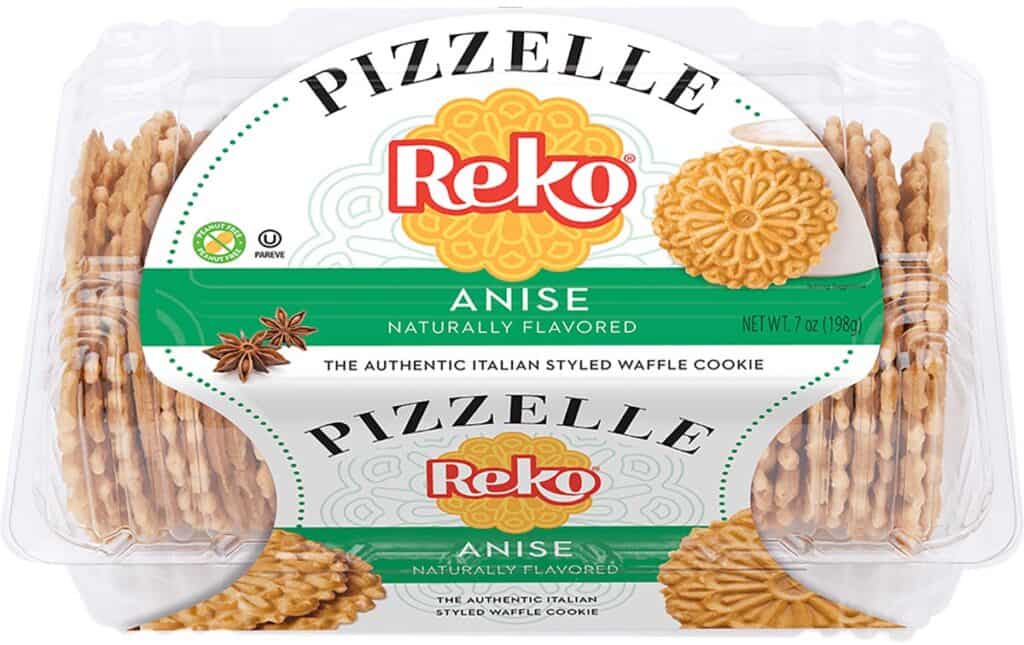 A product shot of a pack of Reko Pizzelle Anise flavored cookies.