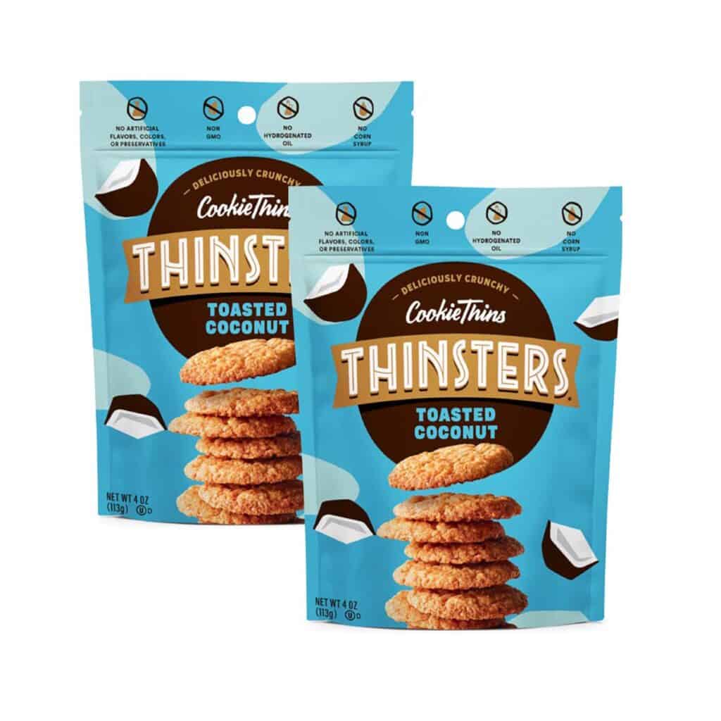 A product photo of some Thinsters toasted coconut cookie thins.